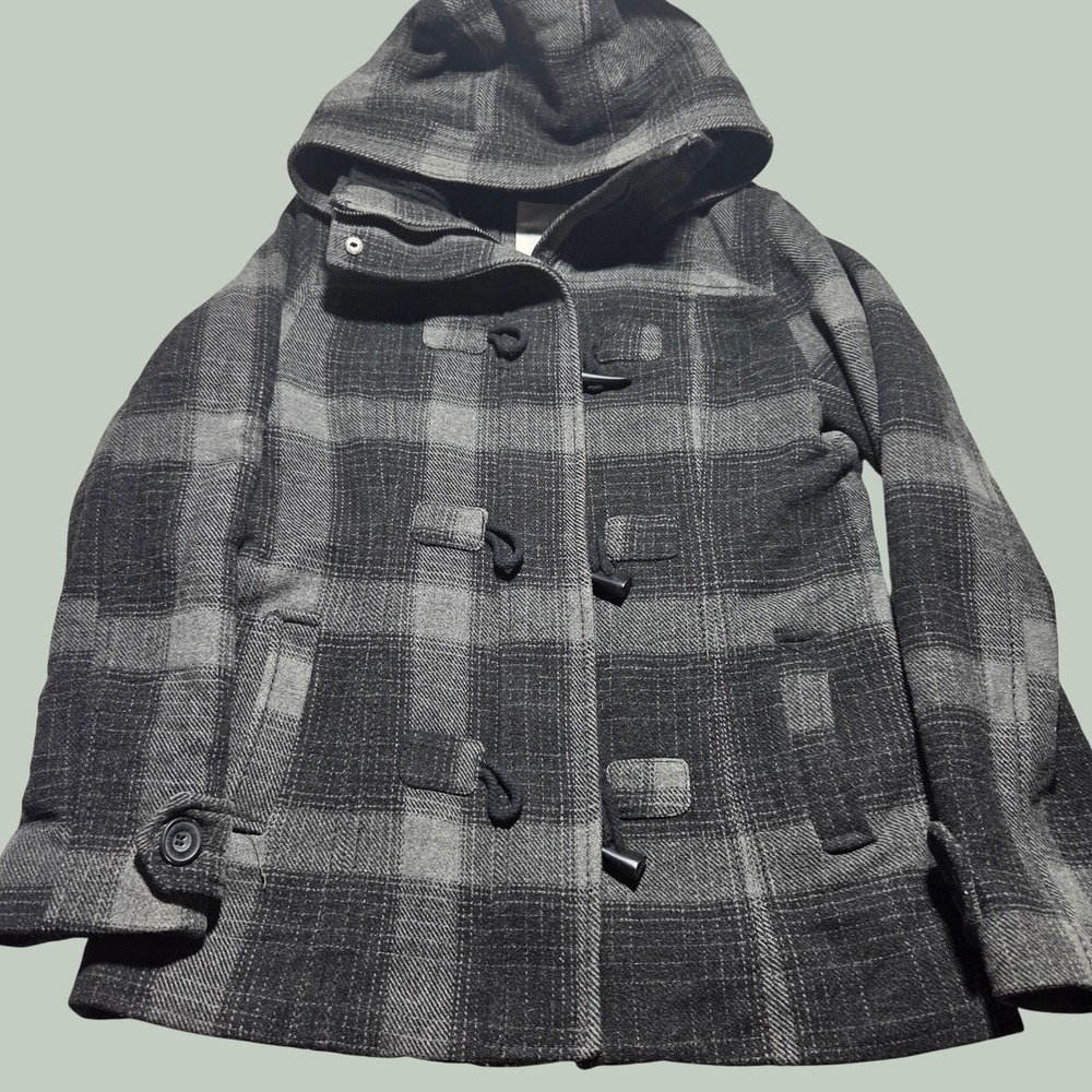 HM LOGG Wool Blend Plaid Duffle Coat Grey Black Y2K Hooded Toggle Jacket Womens